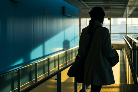 a woman walking down an escalator in an airportの素材