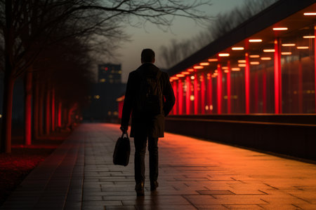 silhouette of a man with a briefcase walking along a walkway at nightの素材
