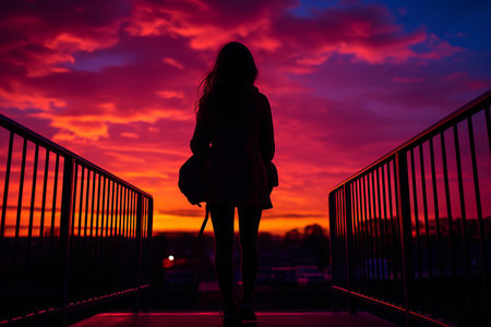 silhouette of a woman standing on a bridge at sunsetの素材