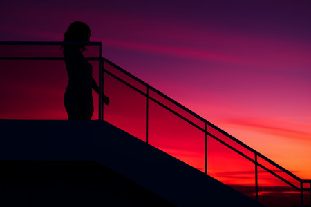 silhouette of a woman standing on the stairs at sunsetの素材