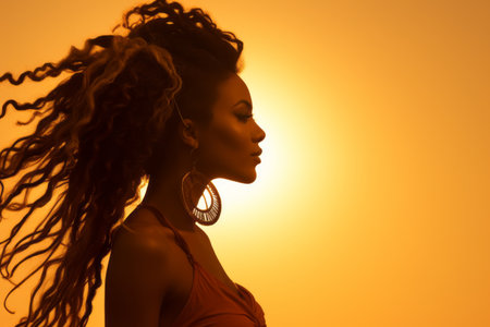 silhouette of a beautiful woman with dreadlocks against the sunの素材