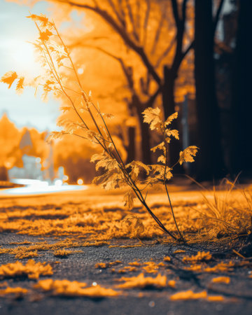 autumn leaves on the ground in front of a treeの素材