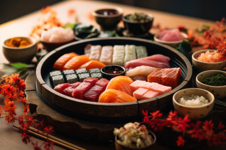an assortment of sushi on a wooden tableの素材