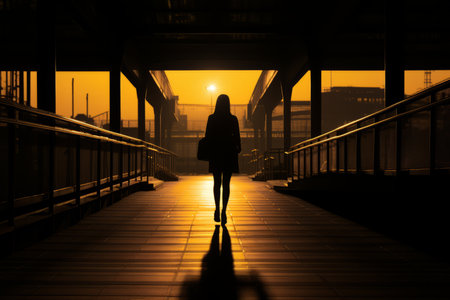 silhouette of a woman walking on a bridge at sunsetの素材