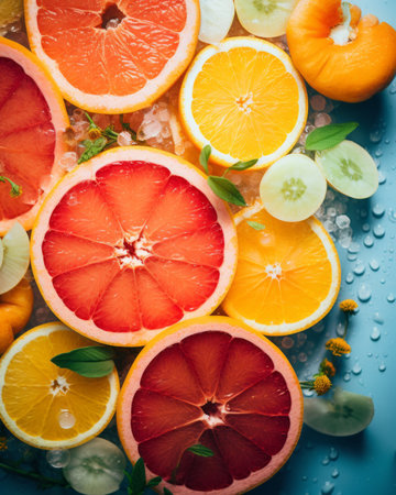 slices of oranges grapefruits and cucumbers on a blue backgroundの素材