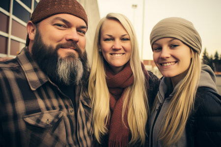 three people smiling for the camera in front of a buildingの素材