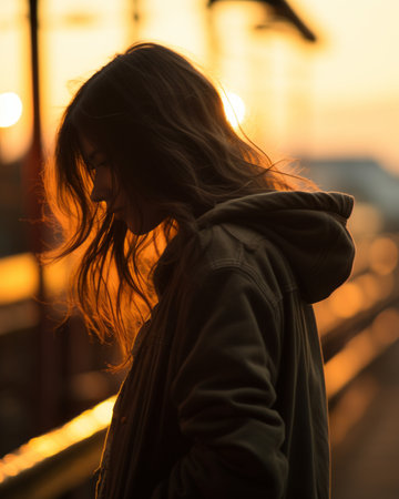 the silhouette of a woman standing on a train platform at sunsetの素材
