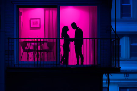 two people standing on a balcony with a pink light shining on themの素材