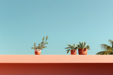three potted plants on a pink wall with a blue sky in the backgroundの素材