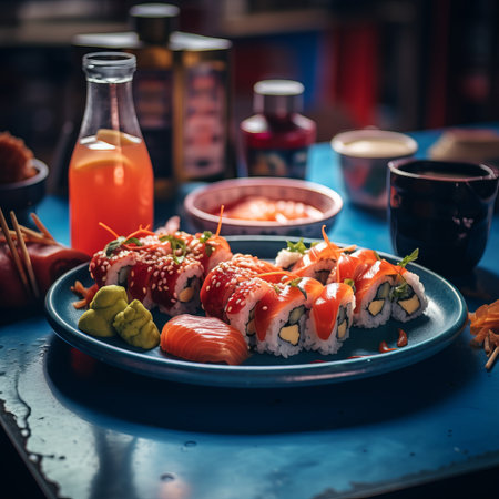 a blue plate topped with sushi and other foodの素材