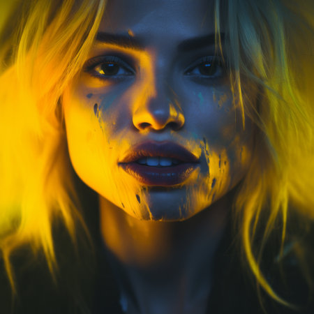 a close up of a womans face with a yellow light behind herの素材