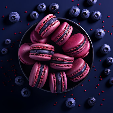 a bowl full of macarons and blueberries on a blue backgroundの素材