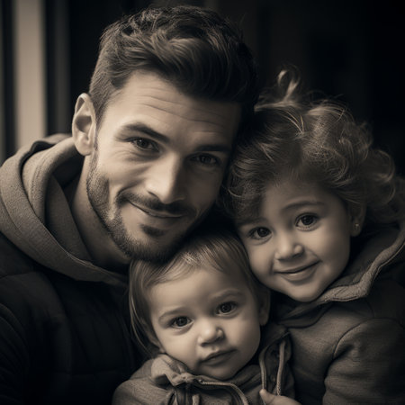 a black and white photo of a man and two childrenの素材
