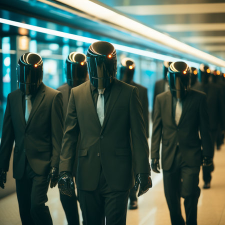 a group of men in suits and helmets walking down an escalatorの素材