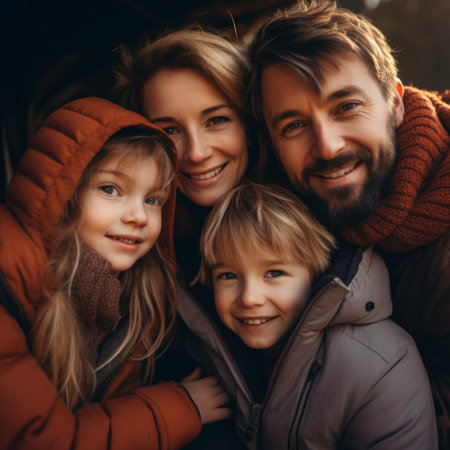 a family posing for a photo in front of a treeの素材