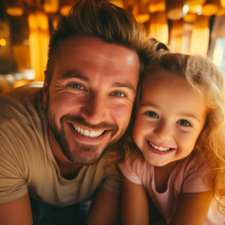a man and a little girl are smiling for the cameraの素材
