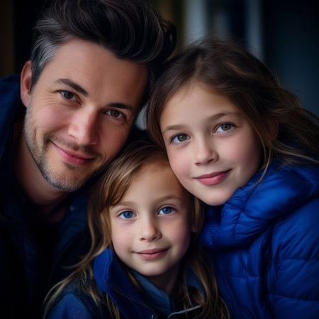 a man and two young girls posing for a photoの素材