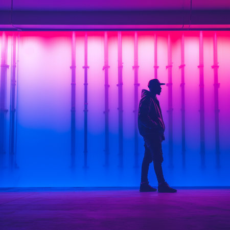 a silhouette of a man standing in front of an illuminated wallの素材
