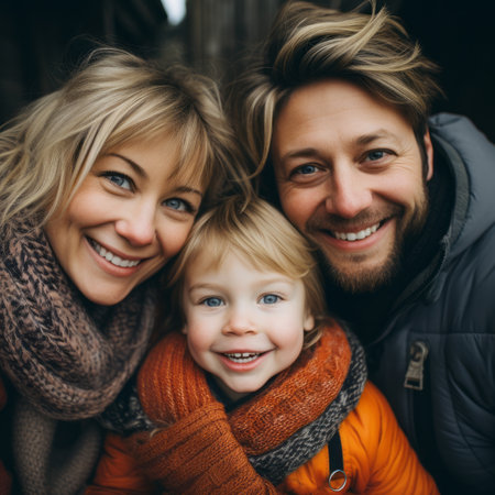 a man woman and child are smiling for the cameraの素材