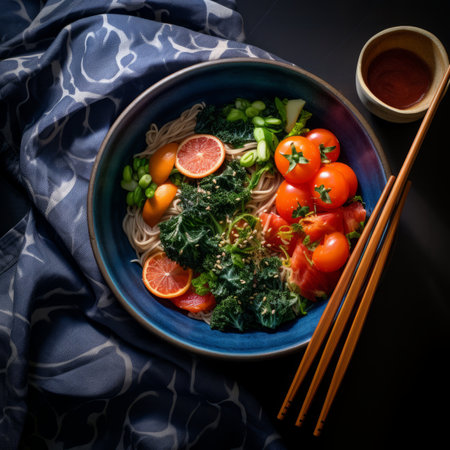 a bowl with noodles vegetables and chopsticks on a blue clothの素材
