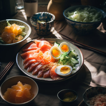 a table topped with bowls of foodの素材