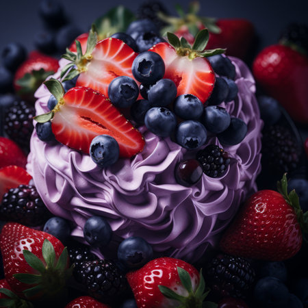 a purple cake topped with berries and strawberriesの素材
