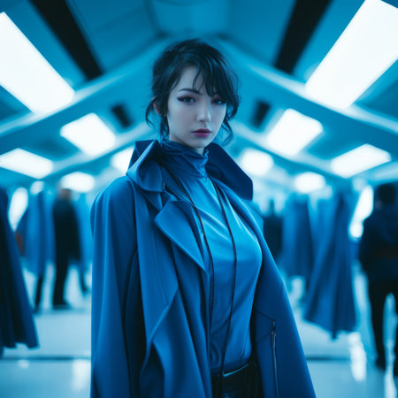 a woman in a blue coat standing in a hallwayの素材