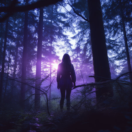 a person standing in the middle of a forest at nightの素材