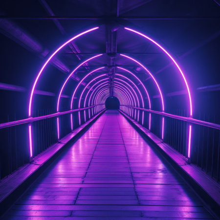 a long tunnel with purple neon lightsの素材