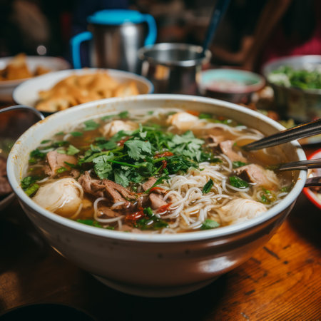 a bowl of soup on a wooden tableの素材
