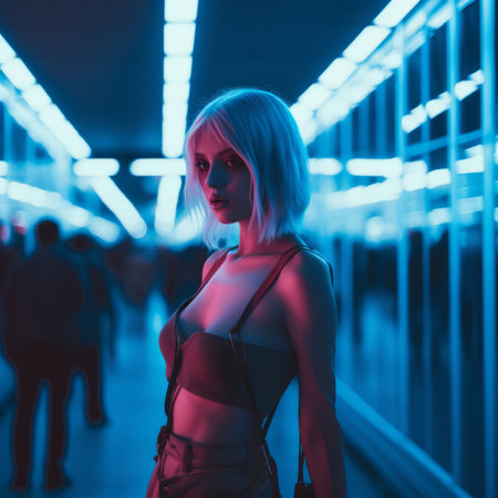 a woman in a bra top standing in an empty hallwayの素材
