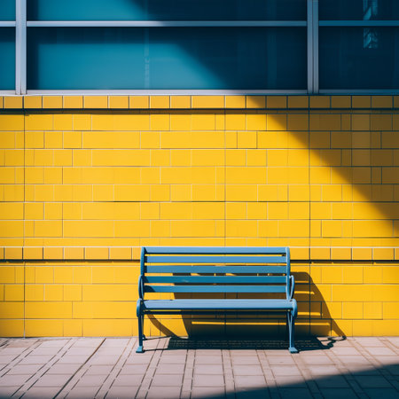 a blue bench sitting in front of a yellow wallの素材