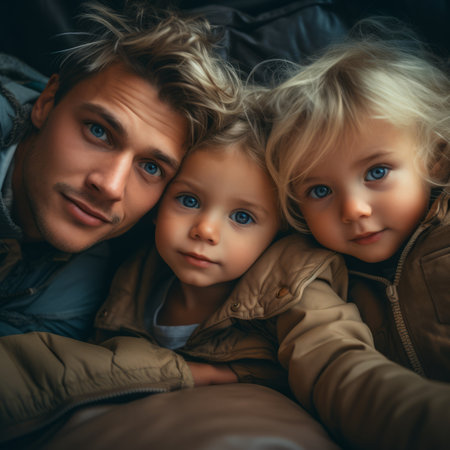 a man and two children laying on a couchの素材
