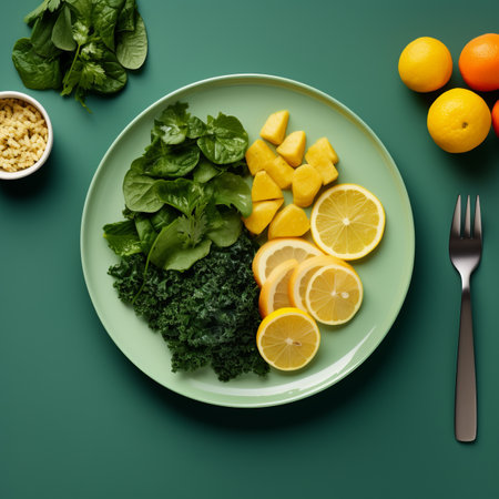 a green plate with fruit and vegetables on itの素材