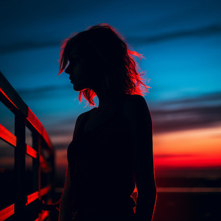 a silhouette of a woman standing on a railing at sunsetの素材
