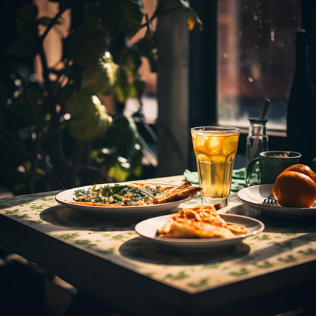 a table with two plates of food and a glass of orange juiceの素材