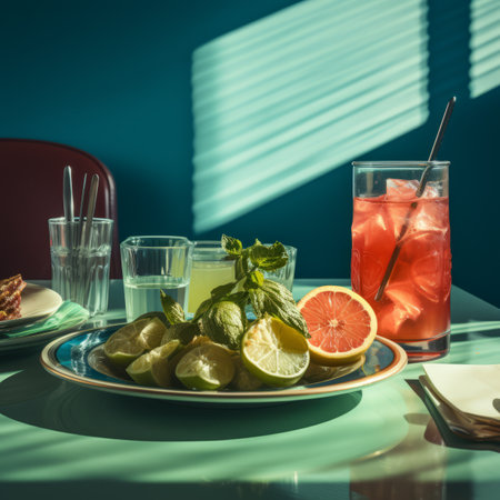 a table with a glass of lemonade and a plate of lime slicesの素材