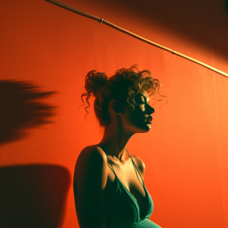 a woman in a bikini standing in front of an orange wallの素材
