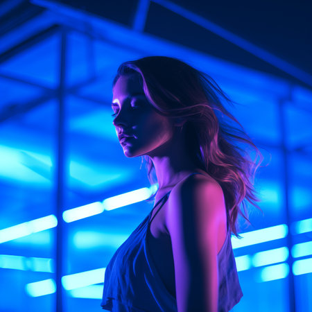 a woman in a blue dress standing in front of neon lightsの素材