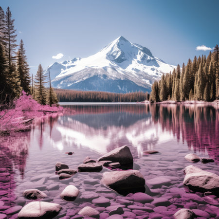a pink lake with rocks and trees in front of a mountainの素材