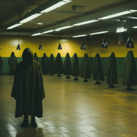 a person in a hooded robe standing in a dark roomの素材