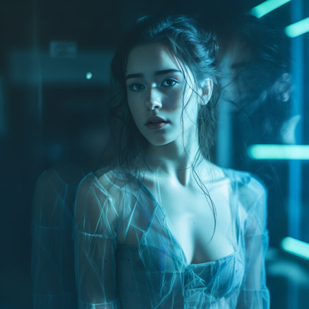 a woman in a blue dress standing in front of a mirrorの素材