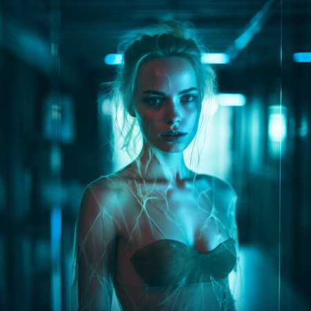 a woman in a bra top standing in front of a mirrorの素材