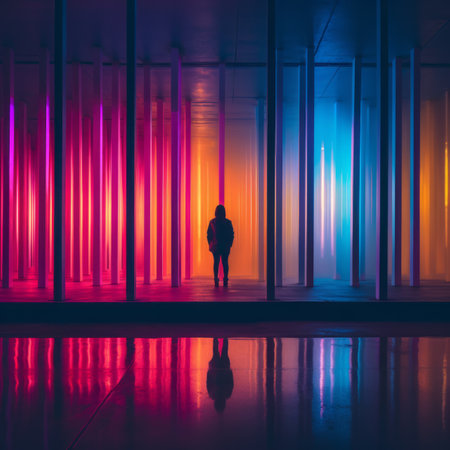 a person standing in front of colorful lightsの素材