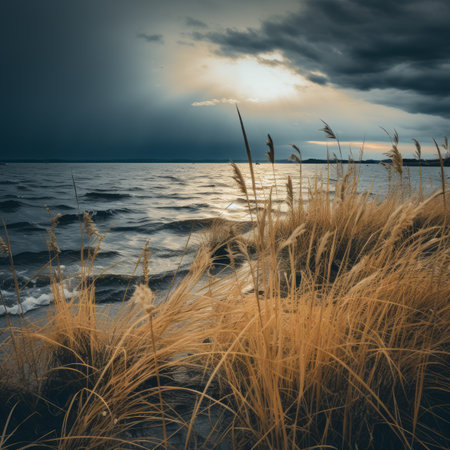 a sunset over the water with tall grassの素材