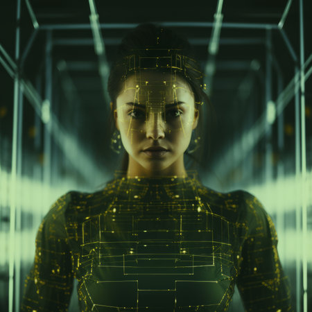 a woman in a futuristic suit standing in front of a computer screenの素材