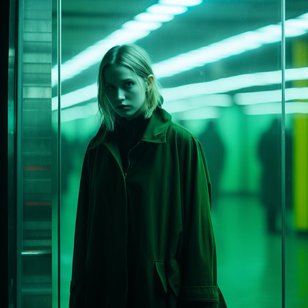 a woman in a green coat standing in an empty hallwayの素材