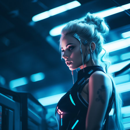 a woman in a futuristic outfit with neon lightsの素材