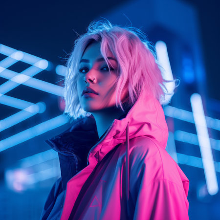 a woman in a pink jacket standing in front of neon lightsの素材