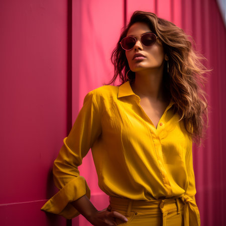 a woman in a yellow shirt and sunglasses leaning against a pink wallの素材